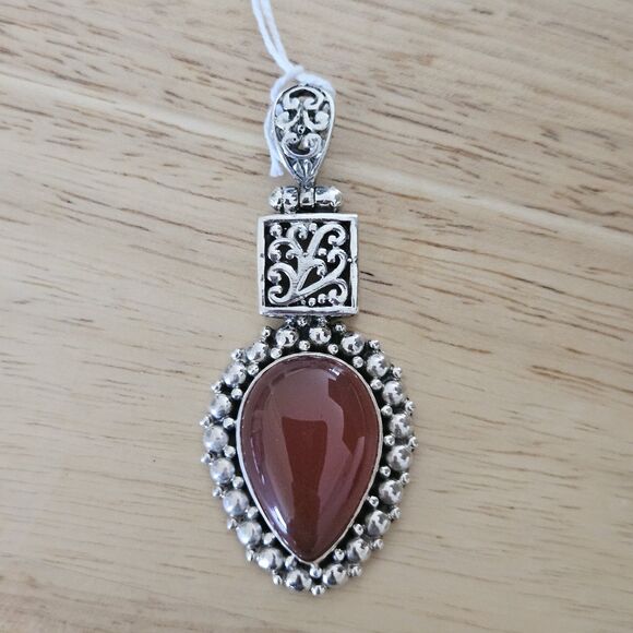 925 Sterling Silver Carnelian Agate Pendant Ornate Jewelry Orange - Picture 1 of 6